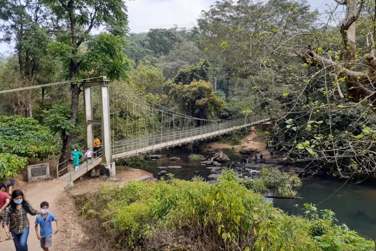 This hanging bridge at Karapara in Nelliyampathi Hills in Kerala symbolises the environment versus development discussions. The bridge brought access and development to the communities living on the other side. However, if the forests upstream are destroyed and the perennial water flow stops in the river, then the bridge would not be of much use to the community, which will have to move from the location. Photo by S. Gopikrishna Warrier/Mongabay.