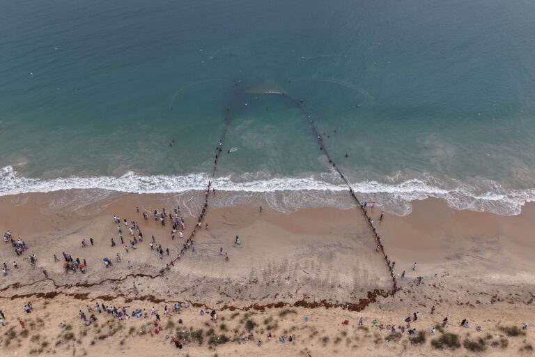 A shore seine net is hauled ashore at Valinokam, Tamil Nadu, while people gather along the beach to watch. Image by Vinod Kumar.